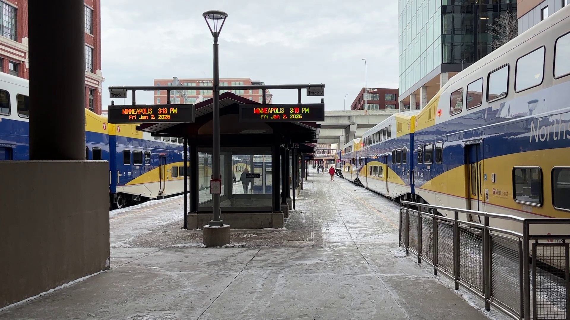 Two Northstar trains at Target Field Station at 3:18pm on January 2nd, 2026.